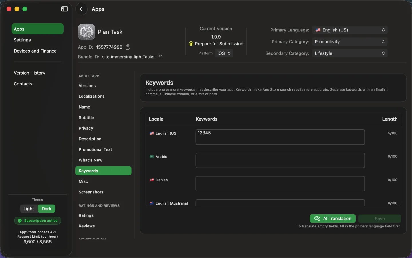 AsoTools keyword editor for localized App Store metadata