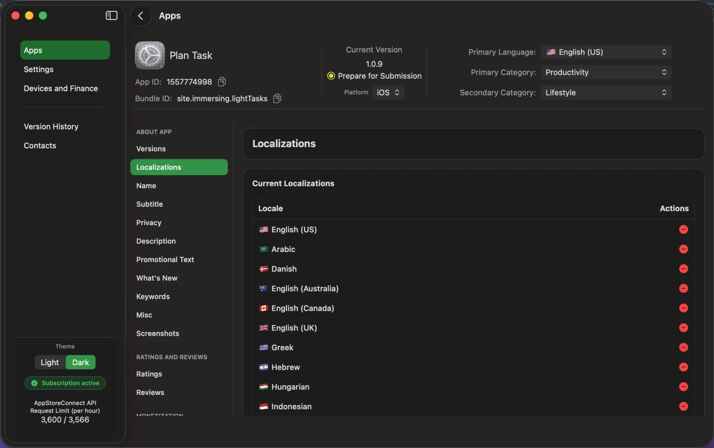 Менеджер локализаций AsoTools со списком языков App Store