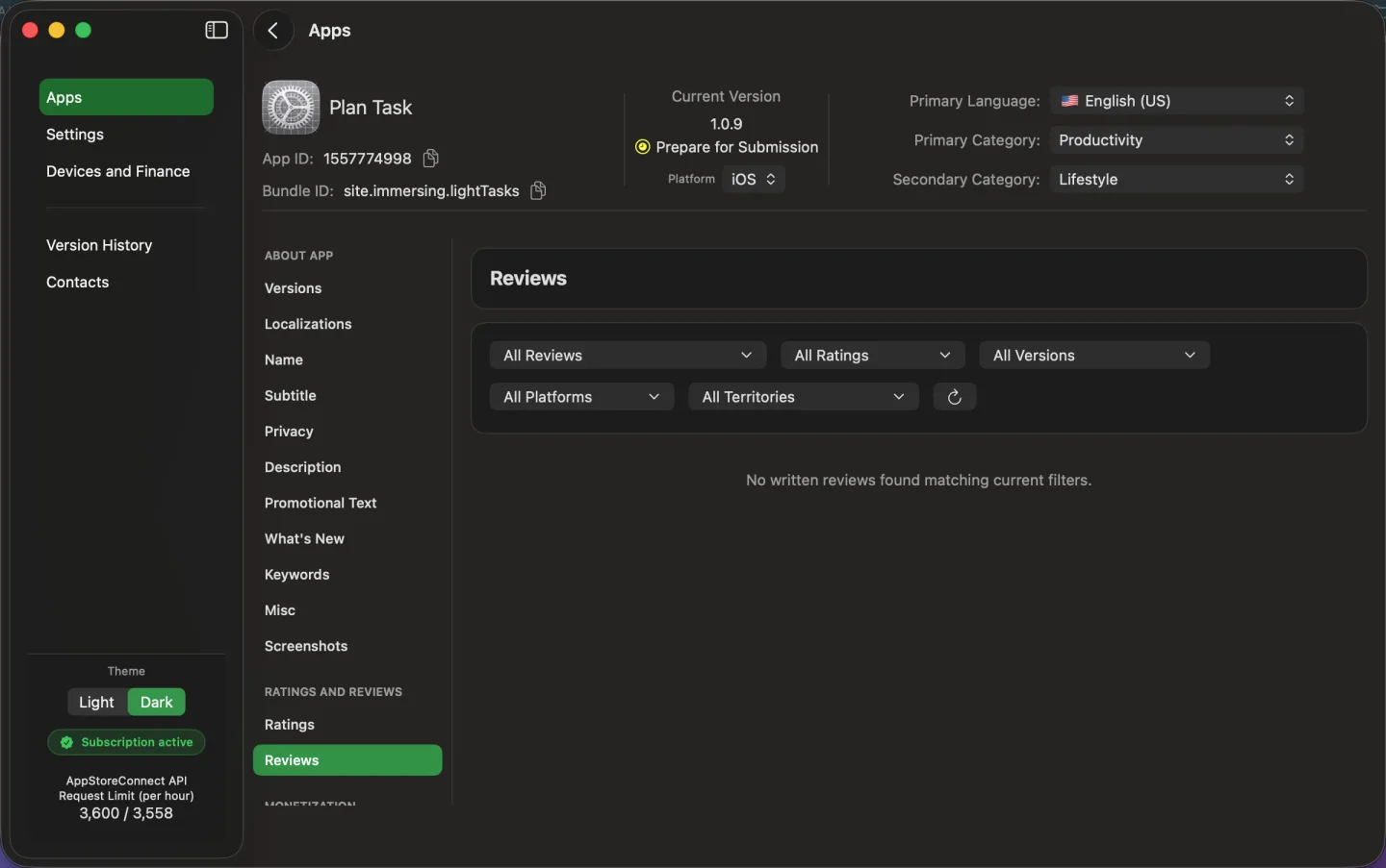Рабочий экран AsoTools для рейтингов и отзывов App Store